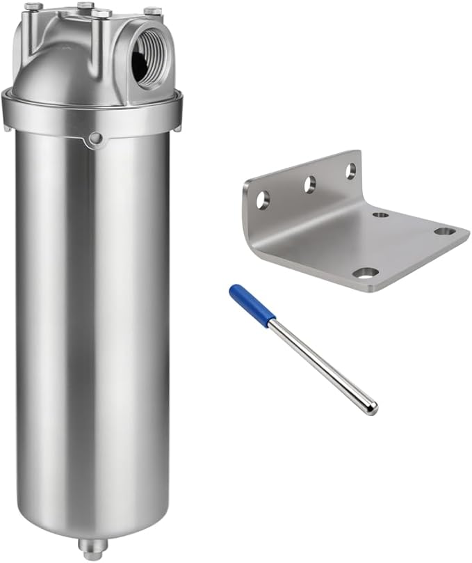 Amwater NSF/ANSI 42 Stainless Steel Whole House Water Filter Housing, 10" x 2.5" Sediment Water Filter System for Heavy Duty, Well & City Water, 3/4" NPT Port, Drain Valve Style C(Square Head)