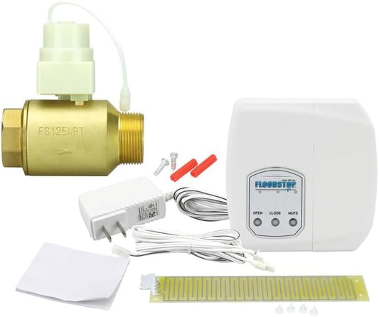 FloodStop Water Heater Leak Detector Kit with Automatic Water Shut-Off and Visual/Audible Alarms, 1-1/4" NPT MIP x FIP