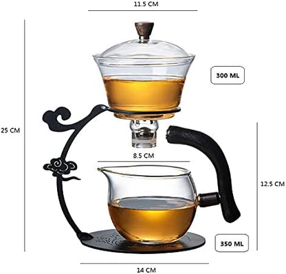 RORA Glass Teapot Set Semi Automatic Drip Rotating with Infuser Lazy Kungfu Tea pot Set (Black)