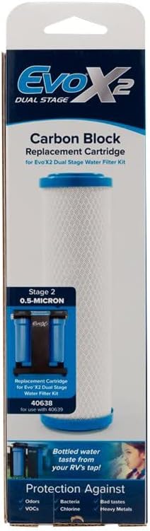 Camco Evo X2 0.5-Micron Carbon Block RV Water Filter Replacement Cartridge - Compatible with Evo X2 & Evo X3 Premium RV Water Filter Kits - Removes Sediment & Particles & Reduces Chlorine (40638)