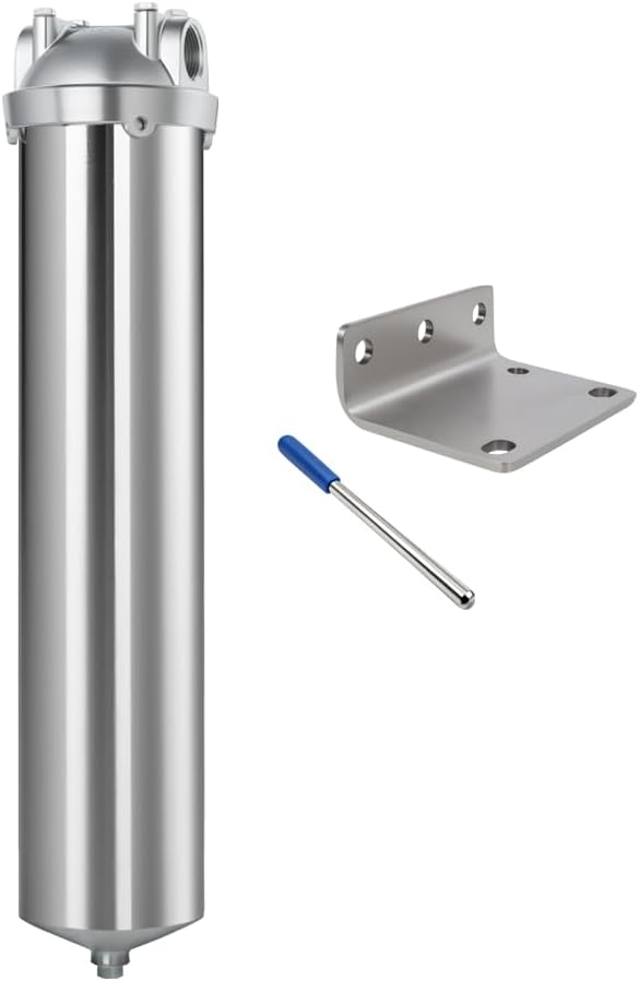Amwater NSF/ANSI 42 Stainless Steel Whole House Water Filter Housing, 20" x 2.5" Sediment Water Filter System for Heavy Duty, Well & City Water, 1" NPT Port, Drain Valve Style C (Square Head)