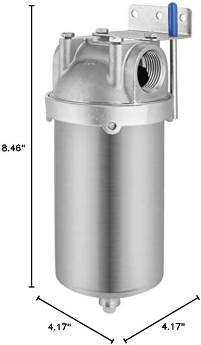 Amwater NSF/ANSI 42 Stainless Steel Whole House Water Filter Housing, 5" x 2.5" Sediment Water Filter System for Heavy Duty, Well & City Water, 3/4" NPT Port, Drain Valve Style C(Square Head)