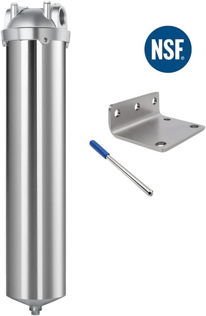 Amwater NSF/ANSI 42 Stainless Steel Whole House Water Filter Housing, 20" x 2.5" Sediment Water Filter System for Heavy Duty, Well & City Water, 1" NPT Port, Drain Valve Style C (Square Head)