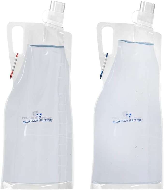 Survivor Filter Clear Collapsible Water Bottles - Travel, Hiking, Foldable, BPA-Free - 2 x