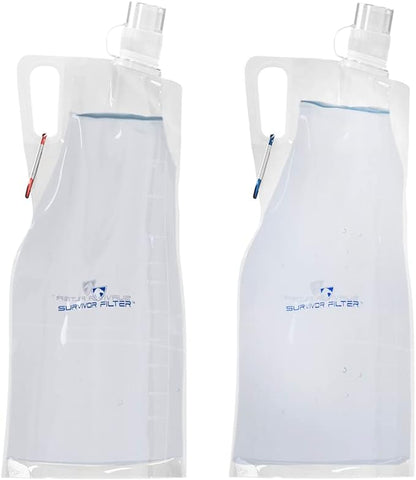 Survivor Filter Clear Collapsible Water Bottles - Travel, Hiking, Foldable, BPA-Free - 2 x