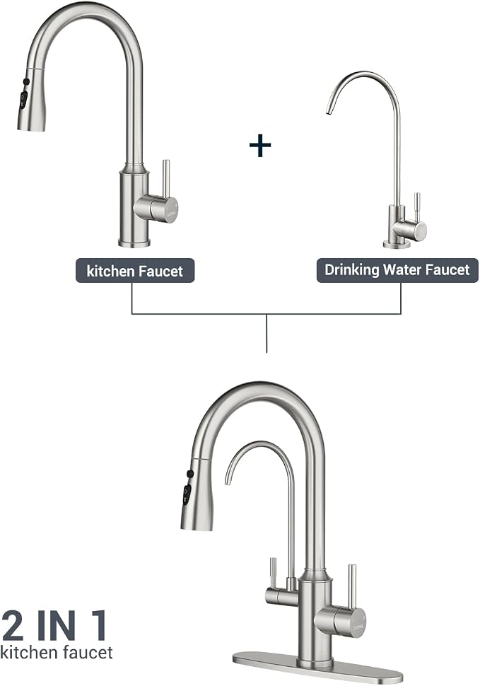 DAYONE Kitchen Faucet with Pull Down Spayer and Water Filter, 3 in 1 Sink Faucet with Drinking Water, 3-Way Kitchen Faucet with Purfied Water Faucet, Cold and Hot Mixer Filter Tap, Brushed Nickel