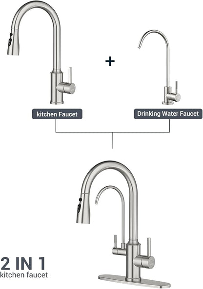 DAYONE Kitchen Faucet with Pull Down Spayer and Water Filter, 3 in 1 Sink Faucet with Drinking Water, 3-Way Kitchen Faucet with Purfied Water Faucet, Cold and Hot Mixer Filter Tap, Brushed Nickel