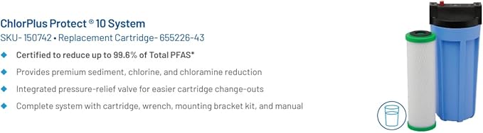 Pentair ChlorPlus Protect 10 Carbon Water Filter, PFAS Water Filter, NSF Certified to Reduce PFOA/PFOS, 10-Inch, Undersink Carbon Block Replacement Cartridge, 10" x 2.5", 1 Micron