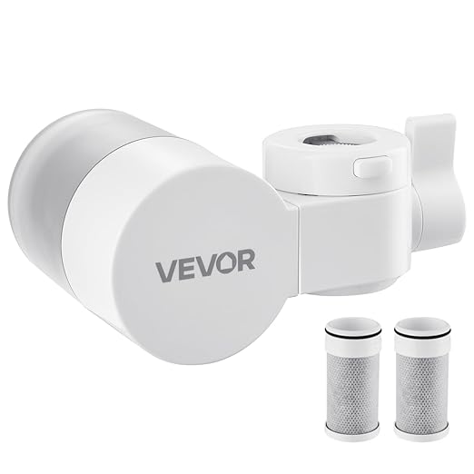 VEVOR Faucet Mount Water Filter, Horizontal Water Purifier for Sink Tap, NSF Certified Carbon Fiber Filter, Removes Chlorine Lead with 3 Filters, Fits Most Kitchen or Bathroom Faucets, White