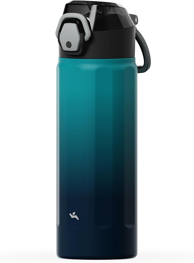 Konokyo FLOWPLAY 18oz Locking Push-Button Water Bottle with Silicone Spout,Leak-Proof,18/8 Stainless Steel Double-Wall Vacuum Insulated for Sports and Travel,BPA-Free,Sea