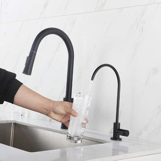 Black Drinking Water Faucet, Non-Air-Gap Beverage Faucet for Kitchen Sink | 360° Rotation Spout RO Faucet, SUS304 Stainless Steel Pure Water Filter Faucet for Reverse Osmosis Water Purify System
