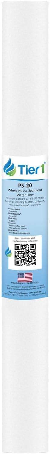 Tier1 5 Micron 20x2.5 Water Filter | Spun Wound Polypropylene Whole House Sediment Cartridge | Replacement for Pentek P5-20, 155016-43, SDF-25-2005 | 2.5 x 20 P5-20 Water Filter