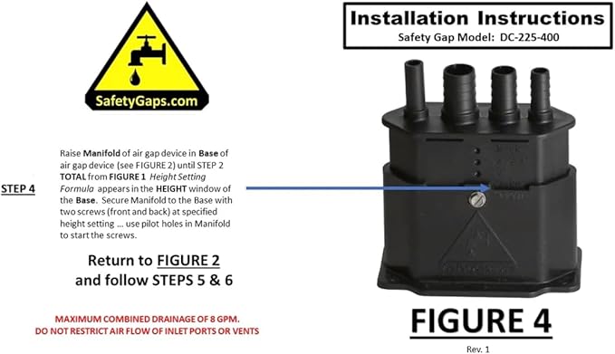 Water Softener Air Gap with 3/8", 1/2" and 5/8" Hose Inlet Ports with Adjustable Height for Floor Drain Cover (Safety Gaps Model Number: DC-225-400 Black)