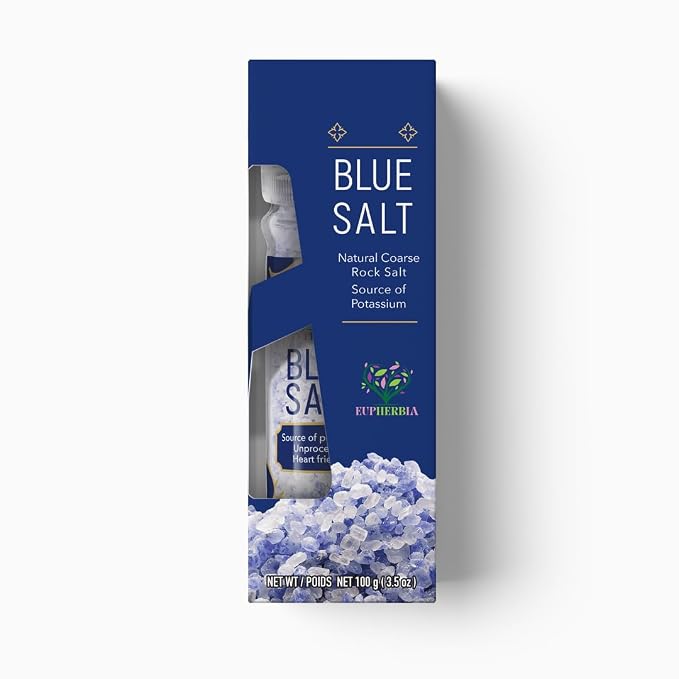 EUPHERBIA Blue Salt, Coarse, Rare Mineral Salt, High Potassium, Lower Sodium, Natural, Unprocessed, Hand Harvested, Kosher Certified (100g with Grinder)