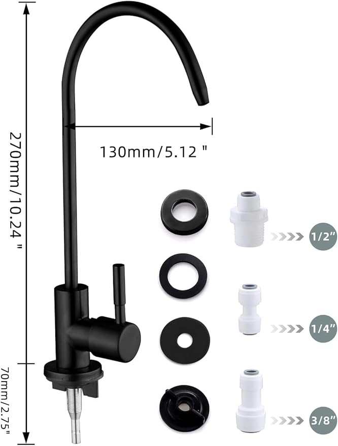 Drinking Water Faucet Matte Black Water Filter Faucet, SUS304 Stainless Steel, Easy to Install Reverse Osmosis Faucet for Kitchen Bar Sink
