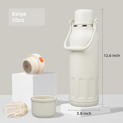 Konokyo Insulated Water Bottle with Handle and Strap,Vacuum Travel Tumbler with Cup Lid,Thermo Coffee Cup for Hot Cold Drinks 50 OZ,Beige