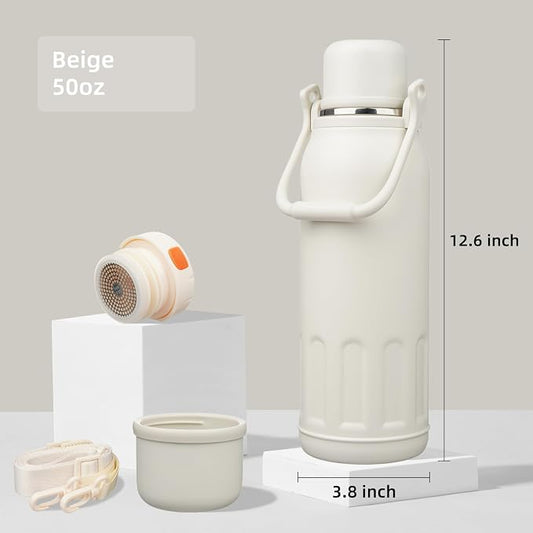 Konokyo Insulated Water Bottle with Handle and Strap,Vacuum Travel Tumbler with Cup Lid,Thermo Coffee Cup for Hot Cold Drinks 50 OZ,Beige