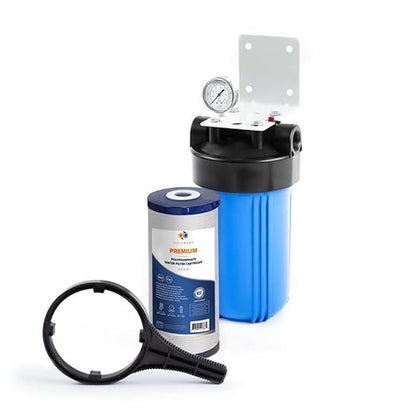 Aquaboon Whole House Water Filter Housing - 5 Micron Pleated Sediment Filter Housing Cartridge - Well Water Filter System for House w/Wrench, Bracket & Pressure Gauge & Release