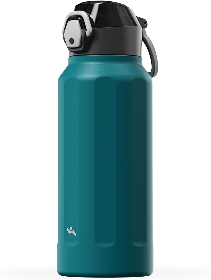 Konokyo FLOWPLAY 32oz Locking Push-Button Water Bottle with Silicone Spout,Leak-Proof,18/8 Stainless Steel Double-Wall Vacuum Insulated for Sports and Travel,BPA-Free,Lake blue