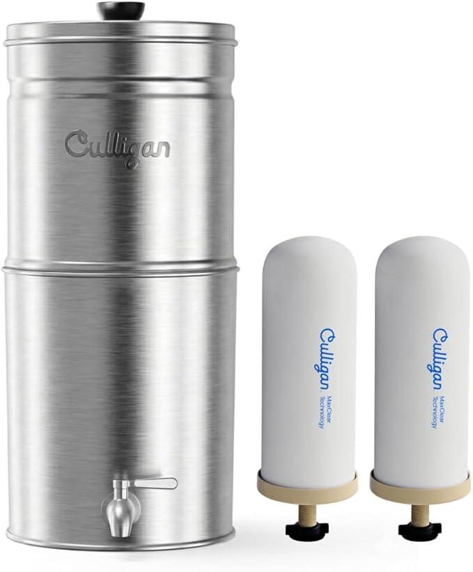 Culligan MaxClear 3 Gallon Gravity Water Filter System, Brushed Stainless-Steel Countertop Water Filter NSF/ANSI Certified to Reduce Microplastics, Lead & Total PFAS, with 2 Ceramic Filters