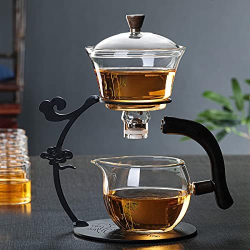 RORA Lazy Kungfu Glass Tea Set Semi Automatic Drip Rotating with Infuser Glass Teapot Set (6 cups)