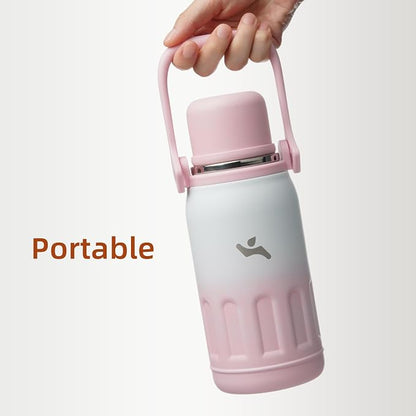 Konokyo Insulated Water Bottle with Handle and Strap,Vacuum Travel Tumbler with Cup Lid,Thermo Coffee Cup for Hot Cold Drinks 40 OZ,Pink Pearl