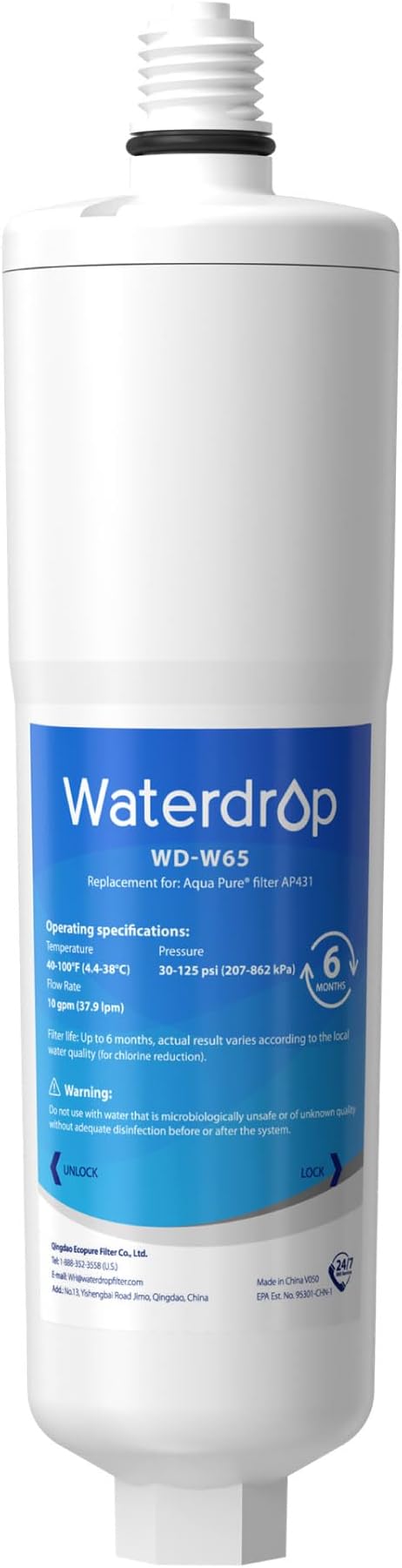 Waterdrop AP431 Replacement Cartridge for Aqua-Pure AP431 Hot Water Scale Inhibitor for AP430SS, Prevent Scale Accumulation and Protect Water Heaters, Pack of 1