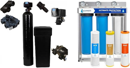 Fleck Whole House 64k Water Softener System Upgraded 10% Resin 5600sxt Metered on-demand & EXPRESS WATER 3-Stage Heavy Metal and Anti-Scale Water Filtration System, Stainless Steel