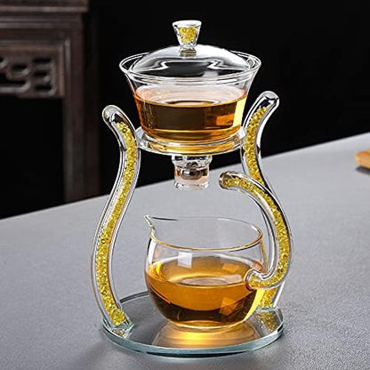 RORA Lazy Kungfu Glass Tea Set Semi Automatic Drip Rotating with Infuser Glass Teapot Set (6 cups)