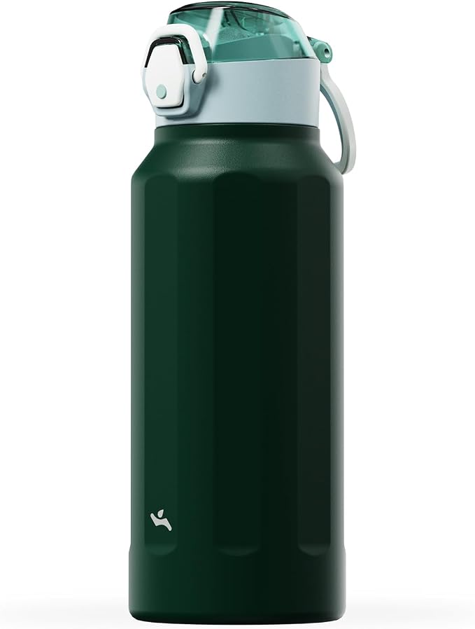 Konokyo FLOWPLAY 32oz Locking Push-Button Water Bottle with Silicone Spout,Leak-Proof,18/8 Stainless Steel Double-Wall Vacuum Insulated for Sports and Travel,BPA-Free,Dark Green