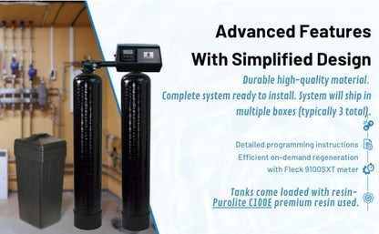 AFWFilters Premium Purolite C100E Resin Fleck 9100SXT Twin Tank Dual Metered, On Demand Water Softener, 48,000 Grains per Tank, 96,000 Grains Total Capacity, 24/7 Soft Water, Complete System
