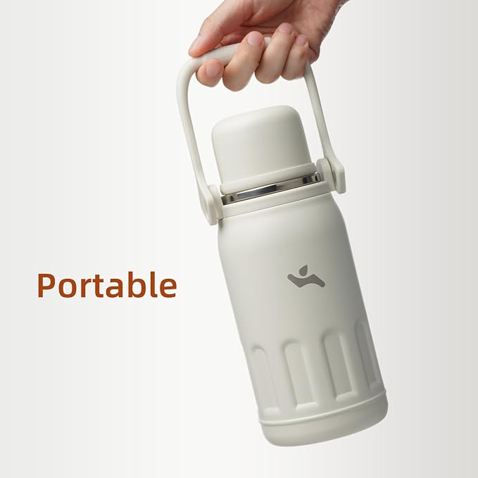 Konokyo Insulated Water Bottle with Handle and Strap,Vacuum Travel Tumbler with Cup Lid,Thermo Coffee Cup for Hot Cold Drinks 40 OZ,Beige