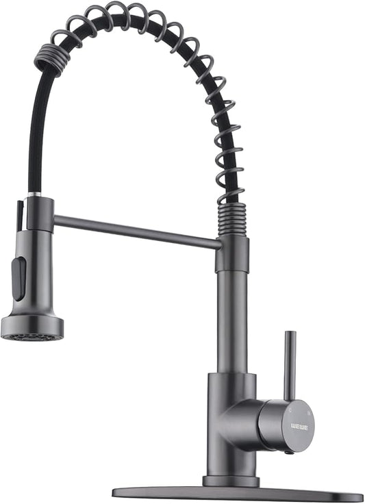WEWE Black Stainless Kitchen Faucet, Faucet for Kitchen Sink with Pull Down Sprayer Gray Matte Gun Black Kitchen Faucet with Deck Plate Stainless Steel Farmhouse Commercial Single Handle Sink Faucet