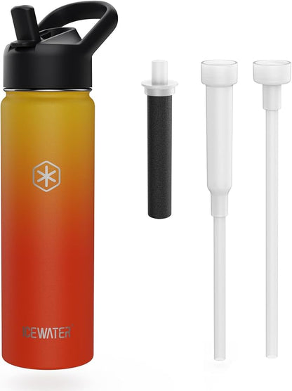 ICEWATER 24 oz Versatile Water Bottle, Regular & Filtered Straw with Filter | Reduces Chlorine Taste & odor, Removes Microplastics and Particulates, Ideal for Travel, Stainless Steel Insulated, BPA-Free
