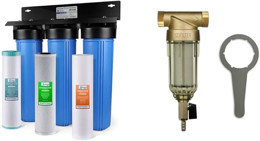 iSpring WGB32BM 3-Stage Whole House Water Filtration System & WSP-100 Reusable Whole House Spin Down Sediment Water Filter 100 Micron, 1" MNPT + 3/4" FNPT, Brass