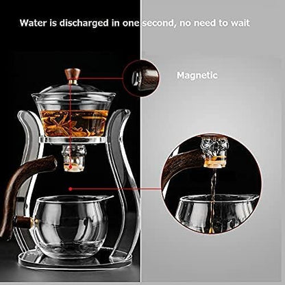 RORA Lazy Kungfu Glass Tea Set Magnetic Water Flow Teapot with Rotating Cover Semi Automatic Glass Jug Transparent