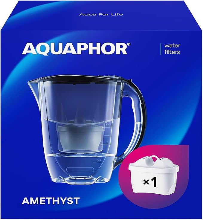 AQUAPHOR Water Filter Jug Amethyst Black 1 X MAXFOR+ Filter Included I Capacity 2.8l I Fits in the Fridge Door I Reduces Limescale Chlorine & Microplastics