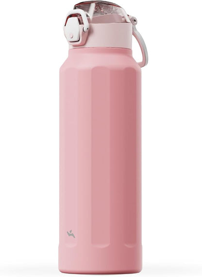 Konokyo FLOWPLAY 40oz Locking Push-Button Water Bottle with Silicone Spout,Leak-Proof,18/8 Stainless Steel Double-Wall Vacuum Insulated for Sports and Travel,BPA-Free,Pink