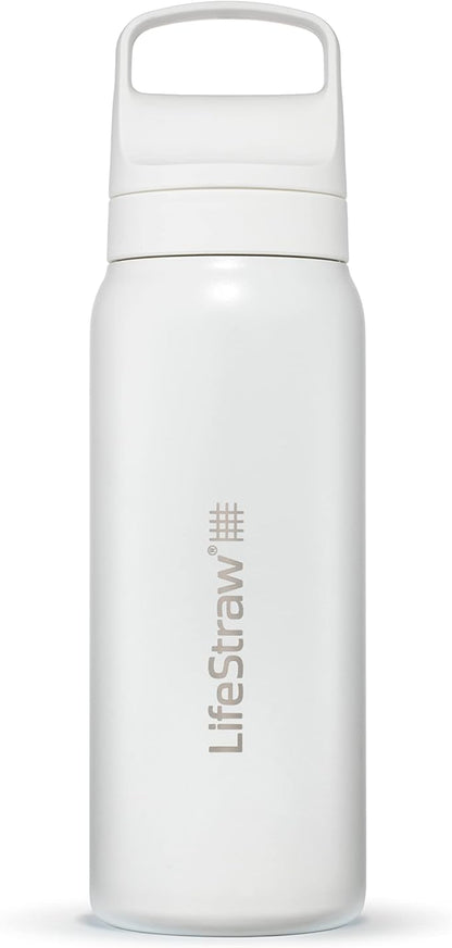 LifeStraw Go Series — Insulated Stainless Steel Water Filter Bottle for Travel and Everyday Use Removes Bacteria, Parasites and Microplastics, Improves Taste, 24oz Polar White