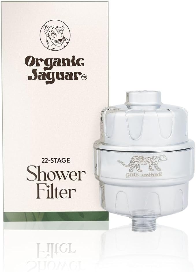 Organic Jaguar Shower Filter, 22 Stage Water Shower Head Filter For Hard Water, Heavy Metals, Chlorine & Impurities, Supports Hair and Skin Health & Hydration, Easy Installation, Long Lasting, Chrome