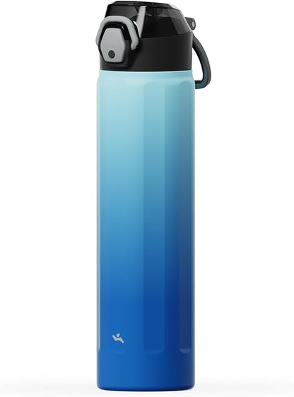 Konokyo FLOWPLAY 25oz Locking Push-Button Water Bottle with Silicone Spout,Leak-Proof,18/8 Stainless Steel Double-Wall Vacuum Insulated for Sports and Travel,BPA-Free,Sky