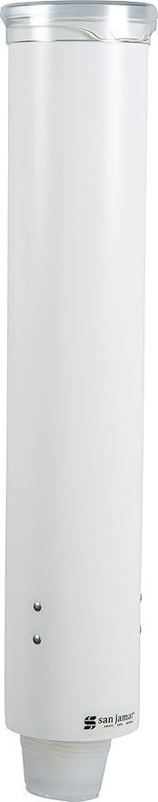San Jamar Small Pull-Type Cup Dispenser Fits 3-4.5 Oz Cone Cups, 3-5 Oz Flat Cups with Flip Caps for Restaurants, Dining Halls, and Fast Food, Plastic, 16 Inches, White