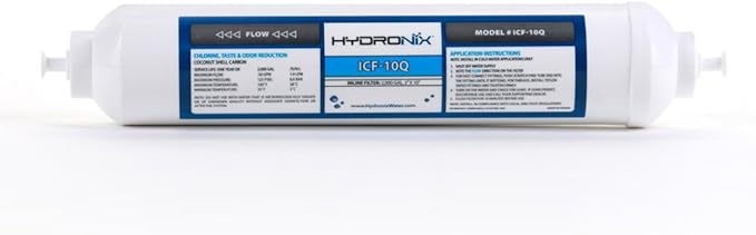 Hydronix ICF-10Q Inline Reverse Osmosis Post, Fridge & Ice Coconut GAC Water Filter 2000 Gal, 1/4" Quick Connect
