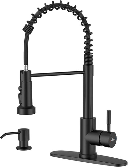 APPASO Black Kitchen Faucet with Soap Dispenser & Pull Down Sprayer | NSF/ANSI/CAN 372 & Lead-free, SUS304 Stainless Steel 3 Modes Faucet for Farmhouse, Bar & RV