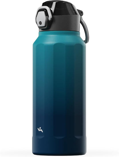 Konokyo FLOWPLAY 32oz Locking Push-Button Water Bottle with Silicone Spout,Leak-Proof,18/8 Stainless Steel Double-Wall Vacuum Insulated for Sports and Travel,BPA-Free,Sea