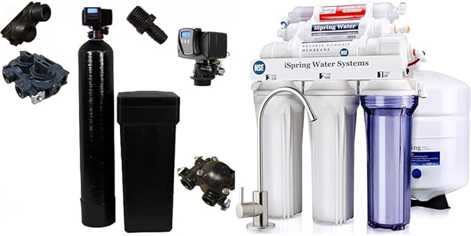 Fleck Whole House 64k Water Softener System Upgraded 10% Resin 5600sxt Metered on-demand & iSpring RCC7AK, NSF Certified 75 GPD, Alkaline 6-Stage Reverse Osmosis System