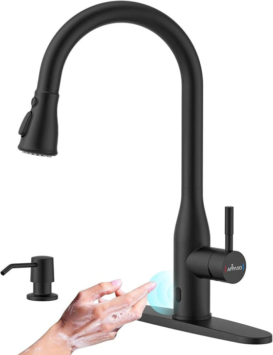 APPASO Matte Black Kitchen Faucet Touchless with Sensor and Soap Dispenser | cUPC-Certified Lead-Free Hoses Hands Free Activated Motion Sink Faucets with Pull Down Sprayer 3 Modes for 1 to 4 Hole Sink