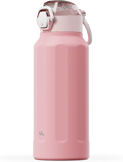 Konokyo FLOWPLAY 32oz Locking Push-Button Water Bottle with Silicone Spout,Leak-Proof,18/8 Stainless Steel Double-Wall Vacuum Insulated for Sports and Travel,BPA-Free,Pink