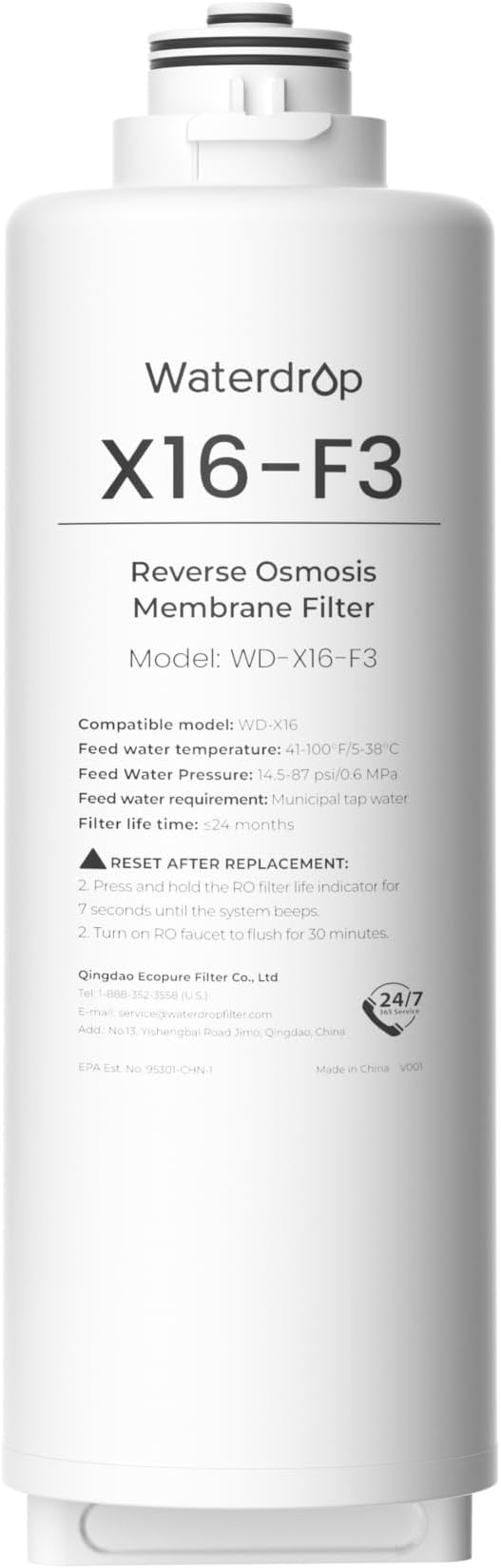 Waterdrop X16-F3 Filter, Replacement for All X16 1600 GPD Series RO System | 24-Month Lifetime, Reduce PFAS, Long Filter Lifespan, Enhanced Filtration