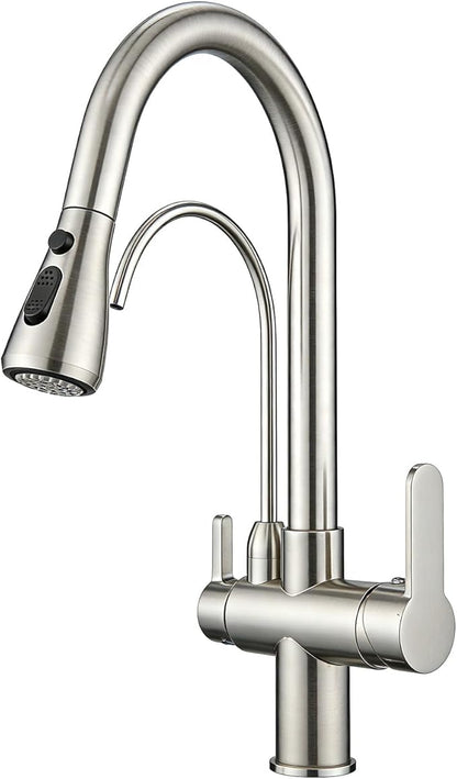WANFAN Kitchen Sink Faucet with Pull Down Sprayer 2 Handle 3 in 1 Water Filter Purifier Faucets Brushed Nickel 0195SN
